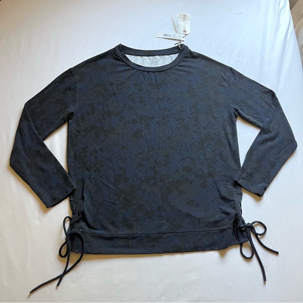 NWT MAJESTIC FILATURES blue grey printed knit ruched tie side boxy sweater